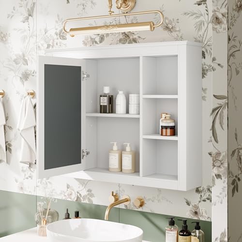 Wall Mounted Medicine Cabinet, Bathroom Storage Cabinet with Mirror Door and 6 Adjustable Open Shelf (7.3" D x 35" W x 27.5" H) (White) - color: White