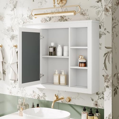 Wall Mounted Medicine Cabinet, Bathroom Storage Cabinet with Mirror Door and 6 Adjustable Open Shelf (7.3" D x 35" W x 27.5" H) (White) - color: White