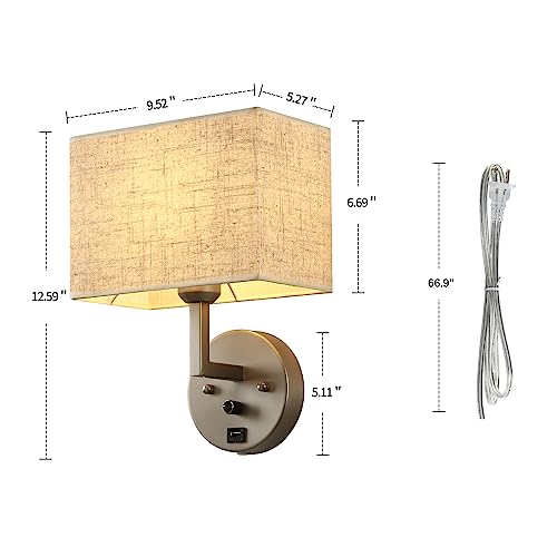 Plug in Wall Sconce with Dimmer Switch and USB Port，1-Light 9.5“Rectangular Linen Fabric Shade，Bedside Wall Lamp Satin Nickel Finish，Wall Lamps Perfect for Bedroom, Living Room and Hotel - color: Silver