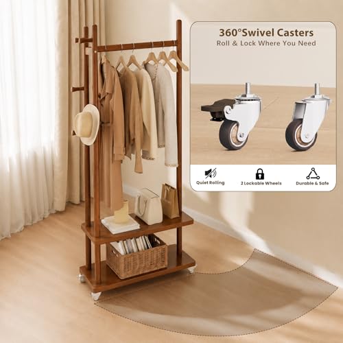 Coat Rack Solid Wood Stand Storage 2 Shelves 4 Hooks Entryway | Hallway bedroom living room office, durable wood construction, freestanding design, coats hats bags storage - size: Walnut - L: 13''Wx 24.8"D x 71"H (With Wheels)