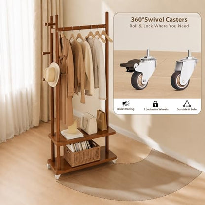 Coat Rack Solid Wood Stand Storage 2 Shelves 4 Hooks Entryway | Hallway bedroom living room office, durable wood construction, freestanding design, coats hats bags storage - size: Walnut - L: 13''Wx 24.8"D x 71"H (With Wheels)