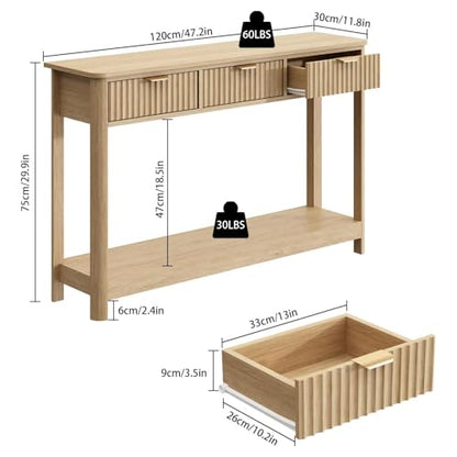 RUSTOWN Fluted Wood Console Table with 3 Drawers, 47.2" Boho Entryway Table | Narrow Behind Couch Sofa Table, Open Storage Shelf, Curved legs, 2 Tier Modern Farmhouse Hallway Table for Living Room, Foyer - color: Natural Wood