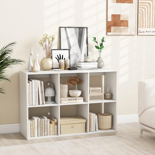 GIANTEX 6-Cube Bookcase, White Cubby Bookshelf w/Back Guardrail & Anti-Tipping Kits, 9-Tier Freestanding Storage Organizer with Shelves, Open Back Display Rack for Living Room, Bedroom, Study - color: White, size: 6-Cube