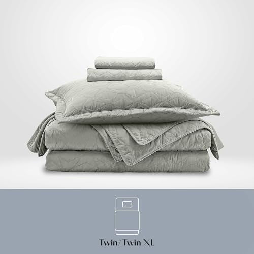 Clara Clark Quilts Twin Size - All Season Bedspread Coverlet Set, Pinsonic Weave Lightweight Bedding Set - 5 Piece Twin Quilt Set with Pillow Shams, London Fog - Twin Ellipse - color: 35 – London Fog – Ellipse, size: Twin