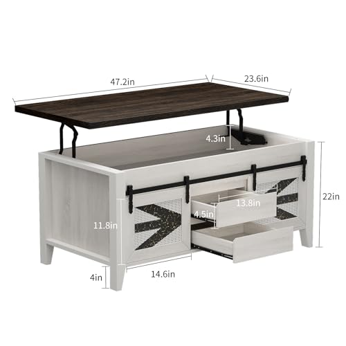 VFK 47.2" Lift Top Coffee Table with Hidden Compartment, Storage Drawers & Sliding Barn Doors, Farmhouse Rectangle Coffee Table for Living Room, Rustic Brown & White - color: Brown White