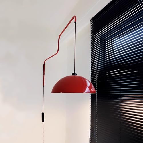 Modern Swing Arm Wall Sconce Plug in Red Wall Lamp Dome Shade | Dome Shade Long Arm Wall Mounted Reading Light for Bedroom Dining Room - color: Red