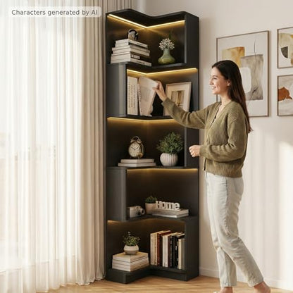 Corner Bookshelf, 5 Tier Tall Corner Bookcase with LED Lights, Freestanding L Shaped Open Display Shelf for Living Room, Bedroom, Home Office (Black) - style: Black-without drawers