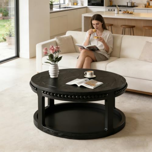 31.5" Round Wood Coffee Table, 2 Tier Modern Center Table,Solid Wood+MDF, Easy Assembly, Accent Table for Living Room, Apartment, Small Space. (Black) - color: Black-m