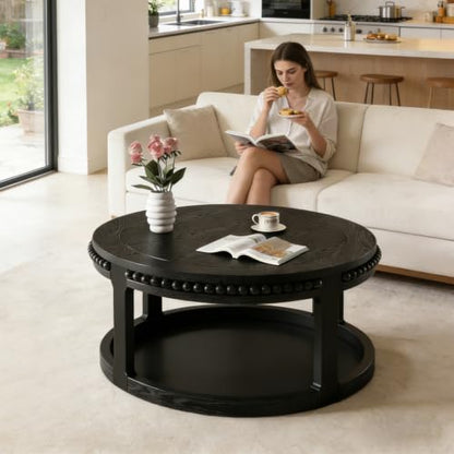 31.5" Round Wood Coffee Table, 2 Tier Modern Center Table,Solid Wood+MDF, Easy Assembly, Accent Table for Living Room, Apartment, Small Space. (Black) - color: Black-m