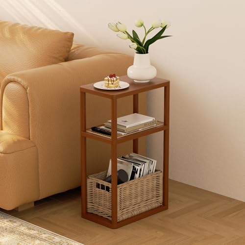YGYQZ Rattan End Table, 3-Tier Narrow Side Table with Storage, Brown | Space-Saving Design, Slim Storage, Sturdy Construction, Modern Style, Ideal for Living Rooms & Bedrooms - color: Narrow-brown
