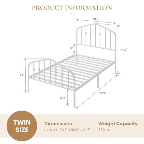 SHA CERLIN Twin Size Metal Bed Frame with Wrought Iron-Art Headboard, White | Victorian Style Metal Platform Bed Frame, Wrought Iron-Art Headboard and Footboard, Under-Bed Storage, No Box Spring Needed - color: White, size: Twin