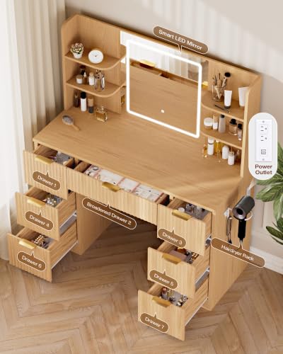 LIVELYGLOW 43" Large Natural Wood Makeup Vanity Desk with Charging Station | Fluted Design, Smart LED Mirror, Hairdryer Holder, 7 Drawers - color: Wooden/Fluted