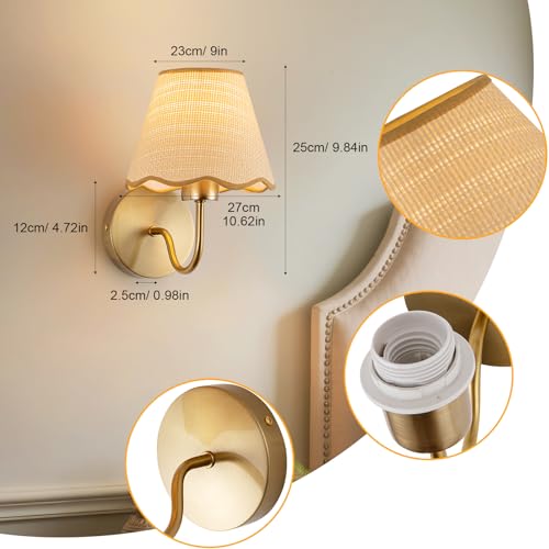 ADISUN Wall Sconce Set of 2, Gold Plug in Wall Lamps for Living Room, Hardwired. Rattan Shade Wall Lights for Bedroom Living Room Hallway Kitchen - color: Gold, 10inch