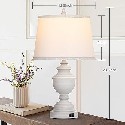 Table Lamps Set of 2, Modern Farmhouse Nightstand Lamp with USB Ports, 3-Way Dimmable Touch Control Washed White Bedside Lamps with Off-White Linen Shade for Bedroom Living Room, Bulbs Included | Smart touch, Easy Assembly, Energy-saving LED bulbs, Vintag