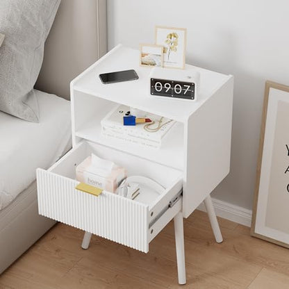 White Nightstand,Modern Bedside Table with Storage Drawer and Open Wood Shelf, for Living Room, Bedroom and Small Spaces, Accent Night Stand with Solid Wood Legs, Easy Assembly,Classic White - color: White