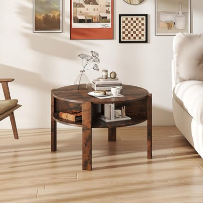 GIANTEX Round Coffee Table, Mid Century Modern Center Table (Rustic Brown) | 2-Tier Storage Shelves & 4 Side Compartments, Wood Coffee Table for Living Room, Small Spaces - color: Rustic Brown