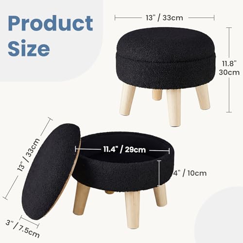 DUMOS Round Storage Ottoman with Reversible Tray Lid, Multi-Functional Footrest, Teddy Velvet Footstool with Wood Legs, Small Coffee Table for Living Room, Bedroom, Ink - color: Ink