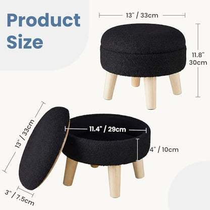 DUMOS Round Storage Ottoman with Reversible Tray Lid, Multi-Functional Footrest, Teddy Velvet Footstool with Wood Legs, Small Coffee Table for Living Room, Bedroom, Ink - color: Ink
