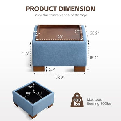 WUTUTUEE 24" Square Ottoman Coffee Table with Storage, Fabric Ottomans with Tray and Solid Wood Legs for Living Room, Bedroom and Apartments, Small Modern Ottoman Tea Table with Lift-Off Lid, Blue - color: 24'' Blue Fabric