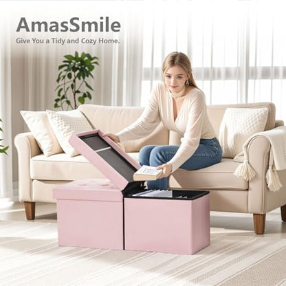 AmasSmile Footrest Ottoman Storage Bench,34" Velvet Folding Chest,Pink | Large Ottoman with Storage,Thicker Foam Padded Seat,Livingroom,Dorm,Bedroom,Entryway,Easy to install,34 x 13 x 13in - color: Pink-velvet