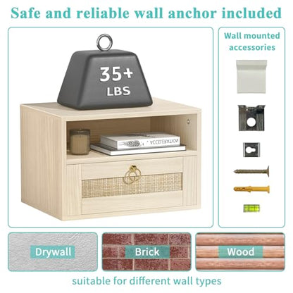 Floating Nightstand Set of 2 with Drawer for Wall Mounted Hanging Rattan Night Stand Bed Side Tables Wooden End Table Small Boho Dressers for Bedroom Farmhouse Shelves with Drawers