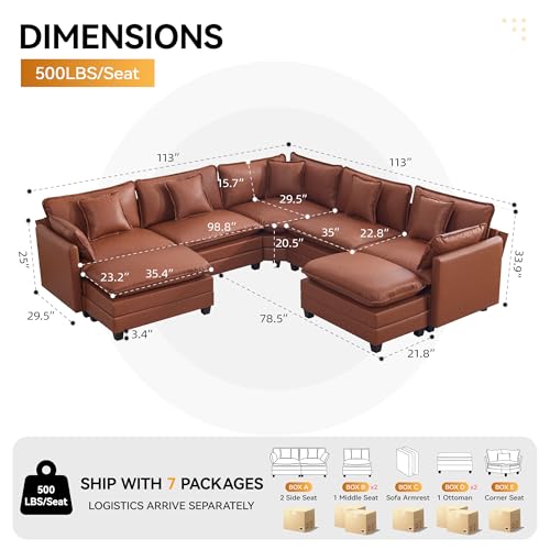 137'' V Shaped Cloud Sectional Sofa, Oversized Deep Seat Leather Couches for Living Room, Comfy Upholstered Modular Sectional Sofa Couch, Leather Brown - color: Pu-dark Brown, size: 113'' V Shape