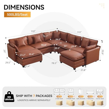 137'' V Shaped Cloud Sectional Sofa, Oversized Deep Seat Leather Couches for Living Room, Comfy Upholstered Modular Sectional Sofa Couch, Leather Brown - color: Pu-dark Brown, size: 113'' V Shape