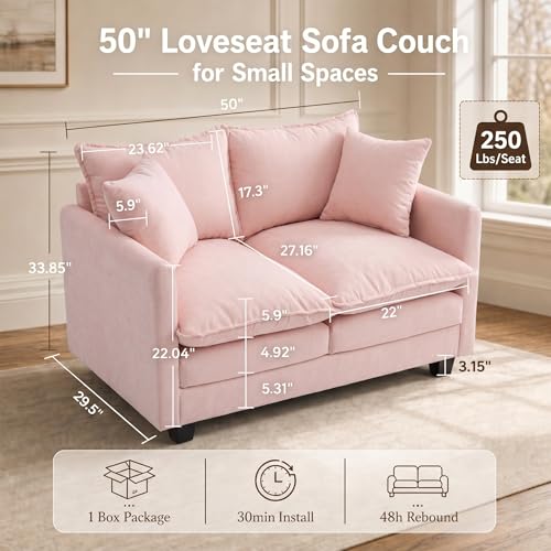 50" Love Seat, Small Cloud Sofa Couch with 2-Layer Cushion & 27" Deep Seat, 2 Pillows for Small Spaces, Bedroom, Apartment, Office, Living Room, in a Box, Pink - color: Pink, size: Loveseat