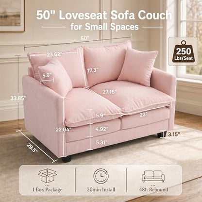 50" Love Seat, Small Cloud Sofa Couch with 2-Layer Cushion & 27" Deep Seat, 2 Pillows for Small Spaces, Bedroom, Apartment, Office, Living Room, in a Box, Pink - color: Pink, size: Loveseat