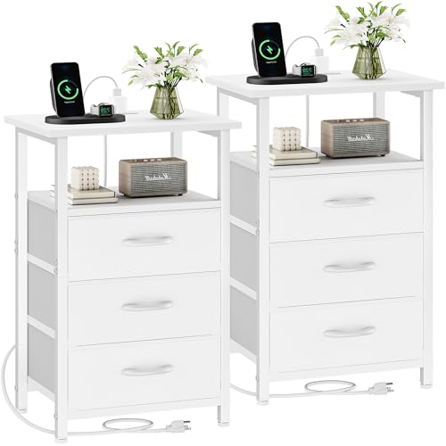 Nightstand Set of 2 with Charging Station, Bedside Table with USB Ports and Outlet, End Table Side Table with 2 Fabric Drawers and Storage Shelf, Bed Side Table Night Stand for Bedroom, White - color: White, size: 2 Pieces, style: Ordinary