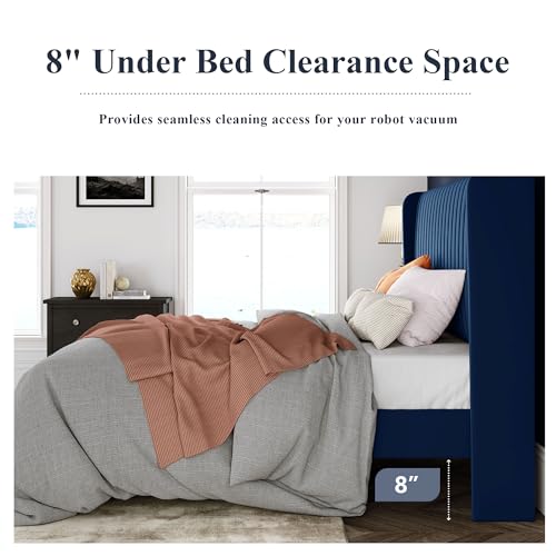 Allewie Full Size Velvet Bed Frame/Vertical Channel Tufted Wingback Headboard/Upholstered Platform Bed/Strong Wooden Slats/No Box Spring Needed/Easy Assembly/Blue - color: Blue, size: Full