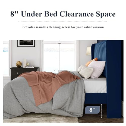 Allewie King Size Velvet Bed Frame/Vertical Channel Tufted Wingback Headboard/Upholstered Platform Bed/Strong Wooden Slats/No Box Spring Needed/Easy Assembly/Blue - color: Blue, size: King
