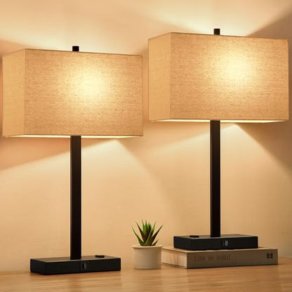 21" Touch Bedside lamps with 2 USB & AC Outlets, 3-Way Dimmable Bedside Table Lamps Set of 2 for Bedroom Living Room Office Reading, Beige Linen Shade Lamps for Night Stands, 2700K LED Bulbs Included - color: (2 Pack)-Beige Linen & Matte Black(Base)-2700K