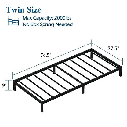 DiaOutro 9 Inch Low Profile Twin Bed Frame Heavy Duty Platform, Black | Steel Slats Platform No Box Spring Needed Mattress Foundation, Easy Assembly, Noise Free - size: Twin, style: 9 Inch