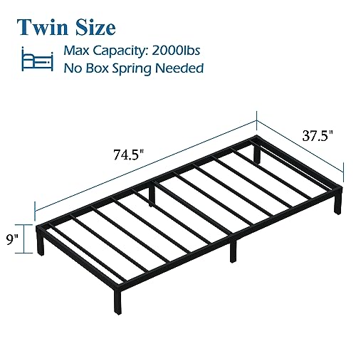 DiaOutro 9 Inch Low Profile Twin Bed Frame Heavy Duty Platform, Black | Steel Slats Platform No Box Spring Needed Mattress Foundation, Easy Assembly, Noise Free - size: Twin, style: 9 Inch