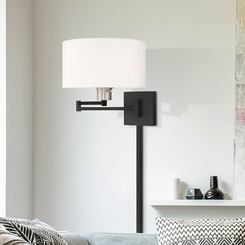 Livex Lighting 40036-04 1-Light Swing Arm Wall Light, Black | Off-White Fabric Shade - color: Black with Brushed Nickel Accent
