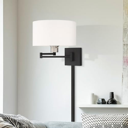 Livex Lighting 40036-04 1-Light Swing Arm Wall Light, Black | Off-White Fabric Shade - color: Black with Brushed Nickel Accent