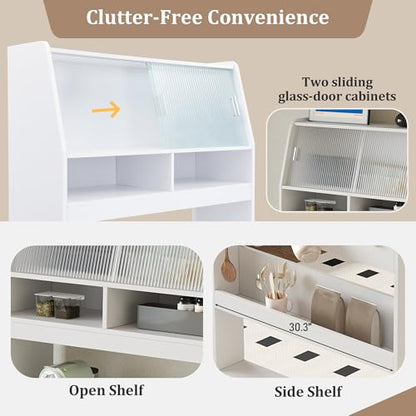 RuiSiSi Space Saving Folding Dining Table for 2-4, Farmhouse Buffet with Hutch and Storage Shelves, Multifunctional Cupboard with Side Hooks for Small Space, Studio, Apartment, Natural+White - color: Natural+white