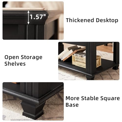 Farmhouse Coffee Table Set of 3, Black | Rustic Wood 3 Piece Coffee and End Table Sets with Open Shelf for Living Room - color: Black
