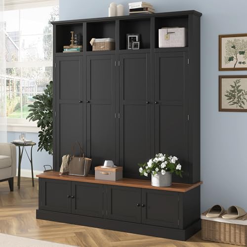 76.7''H Farmhouse Hall Tree with Storage Cabinet & Shoe Bench, Black | 59’’ Wide Tall Entryway Organizer, 8 Doors, 4 Overhead Open Cubbies, 4 Coat Hooks for Hallway Living Room Mudroom - color: Black, size: 59”W x 17.9”D x 76.7”H