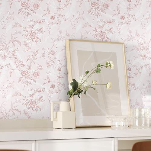 Peel and Stick Wallpaper Pink Floral Contact Paper Pink Vintage French Renter Friendly Wallpaper 17.3''x78.7'' Textured Stick on Wall Paper for Bathroom Bedroom Cabinets Removable Vinyl Roll - color: Pink Flower, size: 17.3" x 78.7"