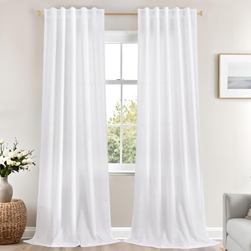 White Back Tab Linen Blend Sheer Curtains for Living Room 42x84 Inch Length - color: White, size: 42"W x 84"L (Pack of 2)