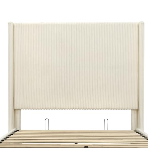 King Bed Frame with Lift Up Storage, 51.2" Tall Headboard and Upholstered Wingback Platform Bed Frame, Hydraulic Support, No Box Spring Needed, Beige Corduroy - size: King (U.S.Standard)