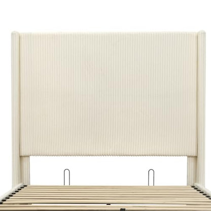King Bed Frame with Lift Up Storage, 51.2" Tall Headboard and Upholstered Wingback Platform Bed Frame, Hydraulic Support, No Box Spring Needed, Beige Corduroy - size: King (U.S.Standard)