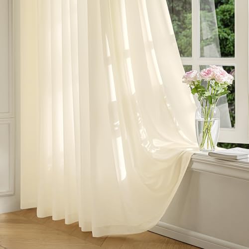 FMFUNCTEX Cream Sheer Curtains, 90 Inch, Rod Pocket, 2 Panels for Bedroom | Butter Cream Semi Sheer Airy Drapes for Living Room, Faux Silk, Light Filtering for Privacy Without Blocking Natural Light - color: Butter Cream, size: 52"W x 90"L (Pack of 2)