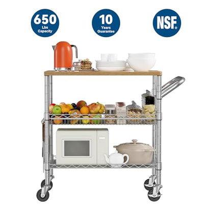 3 Tier Rolling Kitchen Carts with Wheels, Heavy Duty Rolling Utility Cart with Wood Tabletop, Commercial Grade Metal Cart with Handle and Hooks, NSF Storage Serving Island Carts, Light Wood+Metal - color: Light Wood+metal-3 Tier