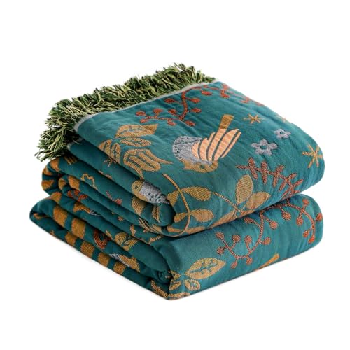 LUTBM Boho Throw Blanket for Bed 60"x80", 100% Cotton Cozy Couch Blankets | Reversible Floral Birds Jacquard Summer Quilt, All-Season, For Chair Sofa Living Room, Lightweight Breathable, Home Decor - color: Animal-bird-a, size: 60"×80"