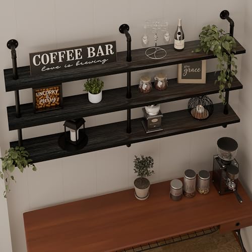 HDDFER Industrial Pipe Shelving Rustic Black Pipe Wall Shelves Industrial Shelves with Wood Planks Floating Shelves 60 Inch Farmhouse Bathroom,Kitchen Shelving Wall Mounted - color: Black, size: 3Tier60in