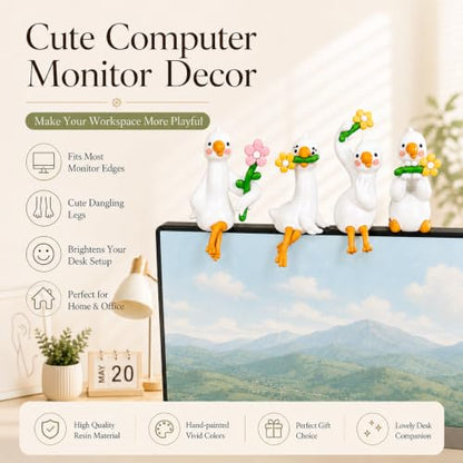 4Pcs Mini Resin Goose Figurines Set, Cute Desk Pets with Cable Holder | Computer Monitor Hanging Animals, Small Goose for Monitor, Bookshelf, Car Dashboard, Photo Frame, Goose Gifts for Coworkers