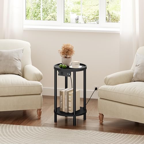 HOOBRO Small Round Side Table with Charging Station, 2-Tier Round Bamboo End Table, Compact Sofa Bedside Table for Small Space, Easy Assembly, for Living Room, Bedroom, Apartment, Black BB156UBZ01 - color: Black